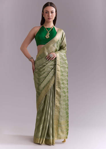 Light Green Tissue Saree With Subtle Weave And Zari Border
