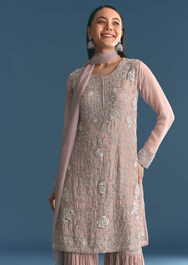 Light Lavender Chinon Kurta Sharara Suit With Moti Work