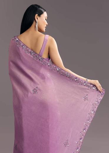Light Lavender Tissue Saree With Floral Embroidered Scallop Border