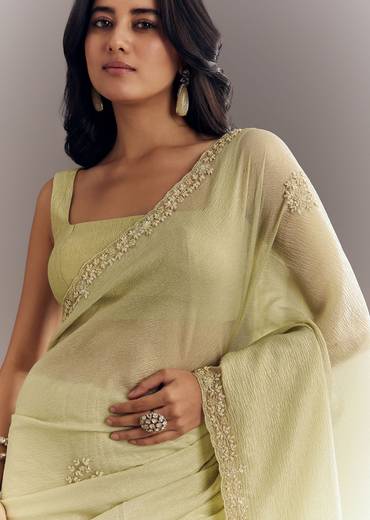 Light Pastel Green Crushed Tissue Saree With Cutdana Sequins And Beads Embroidery