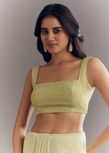 Light Pastel Green Crushed Tissue Saree With Cutdana Sequins And Beads Embroidery