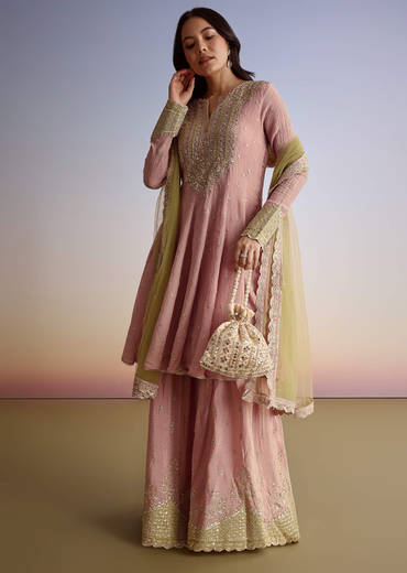 Light Pink Crush Tissue Sharara Suit With Zari Sequins