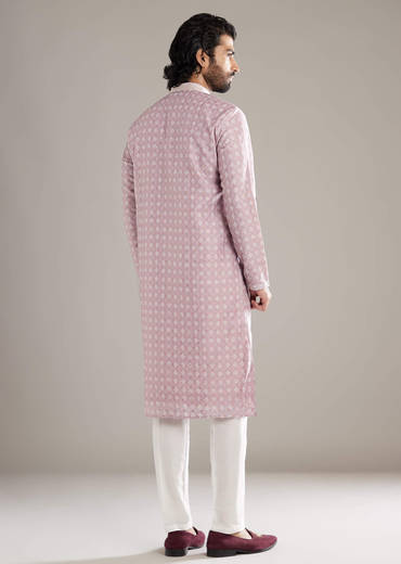 Light Pink Silk Kurta Set For Men With Floral Print