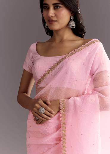 Light Pink Tissue Embroidered Saree With Cutwork Scallop Border