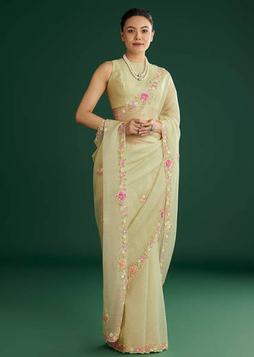 Light Pista Crushed Tissue Saree With Floral Embroidery