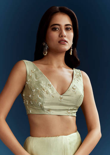 Light Pista Organza Saree With Floral Cutdana And Stone Embroidery