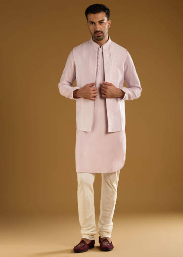 Light Purple Kurta Jacket Set For Men With Resham Work