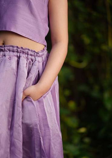 Kalki Girls Light Purple Skirt And Crop Top In Hand Woven Cotton Silk With Tie Up At The Back And Woven Border By Love The World Today