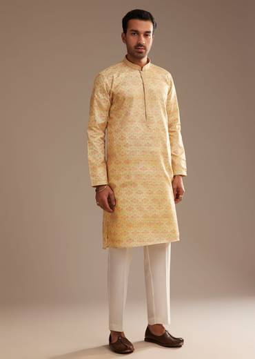 Light Yellow Silk Abstract Printed Kurta Set