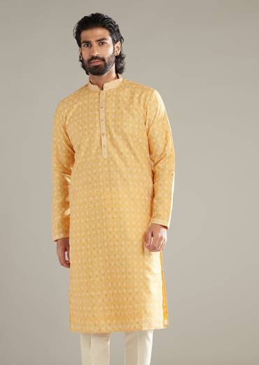 Light Yellow Silk Kurta Set For Men With Printed Motifs