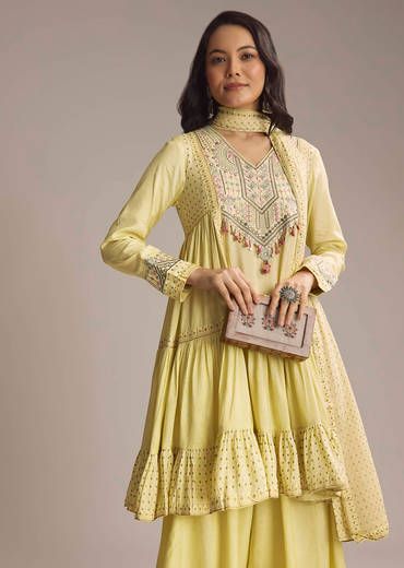 Light Yellow Silk Printed Palazzo Suit With Resham Work