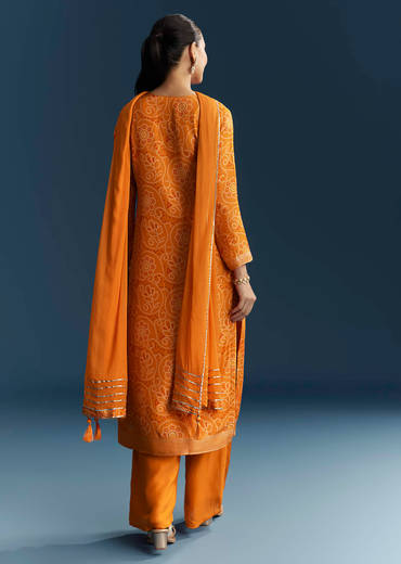 Light Orange Silk Bandhani Palazzo Suit With Embroidery