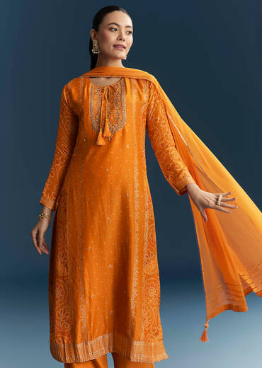 Light Orange Silk Bandhani Palazzo Suit With Embroidery