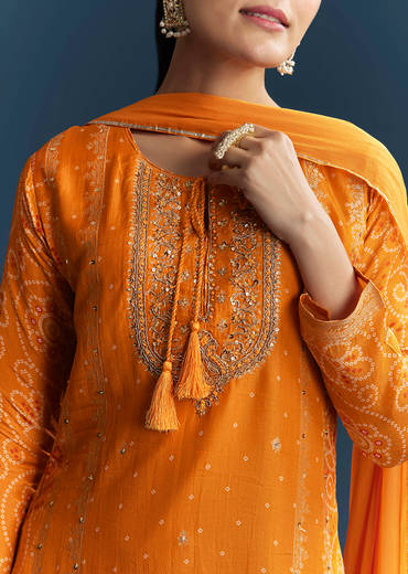 Light Orange Silk Bandhani Palazzo Suit With Embroidery