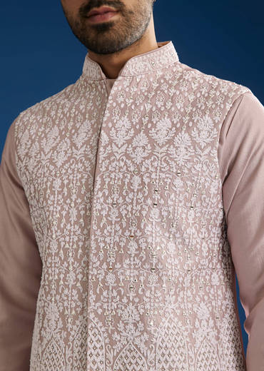 Lilac Cotton Silk Jacket Kurta Set With Mirror And Dori Embroidery