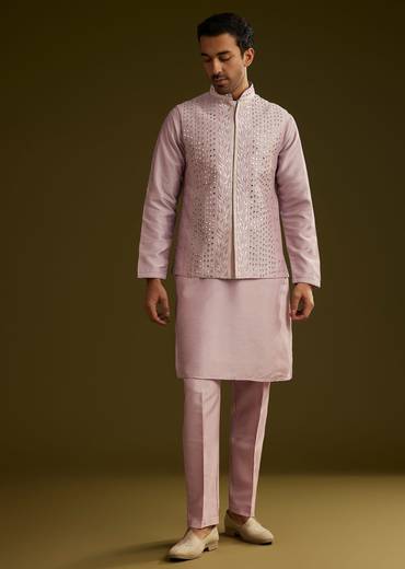 Lilac Cotton Silk Kurta Set With Mirror Threadwork Jacket