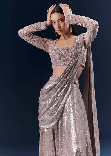 Lilac  Imported Sequins Crop Top And Palazzo Pants With Attached Dupatta