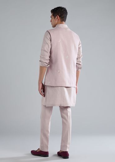 Lilac Linen Kurta Jacket Set With Thread Resham Work