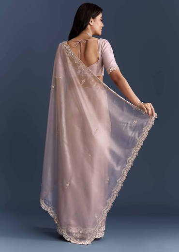 Lilac Net Saree With Heavy Hand Embroidery