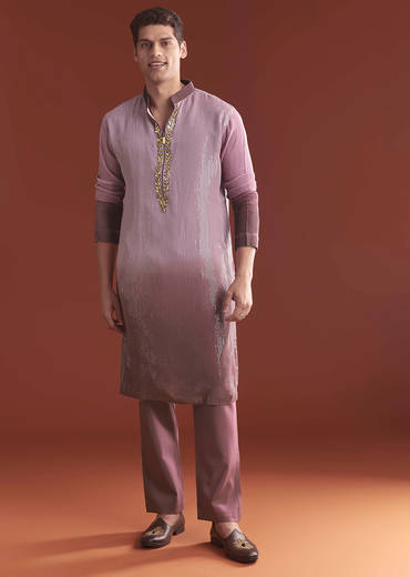 Lilac Ombre Kurta Set For Men With Sequins Embroidery
