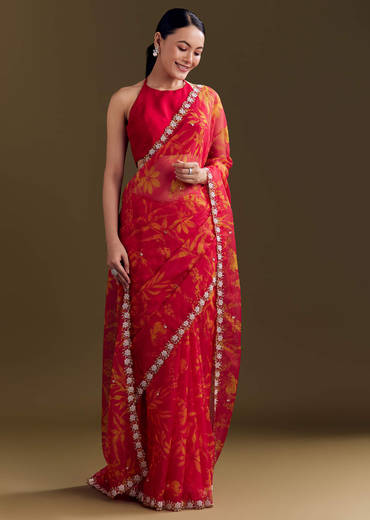 Red Organza Saree With Cutdana Beads And Botanical Print