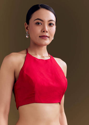 Red Organza Saree With Cutdana Beads And Botanical Print