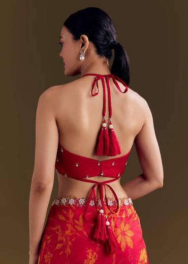 Red Organza Saree With Cutdana Beads And Botanical Print