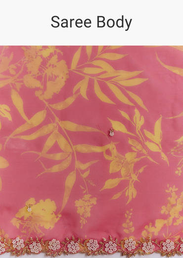 Red Organza Saree With Cutdana Beads And Botanical Print