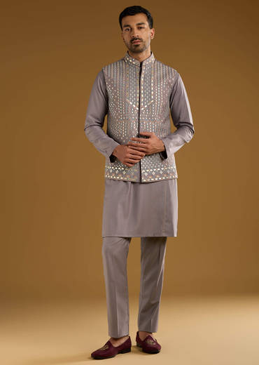 Lilac Rayon Kurta Jacket Set For Men With Resham And Gota Work