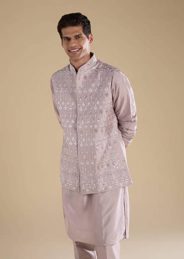 Lilac Silk Jacket Kurta Set with Mirror Embellishments