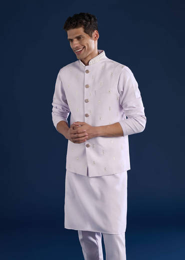 Lilac Silk Jacket Kurta Set with Sequin Embroidery