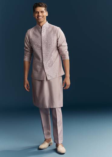 Lilac Silk Kurta Jacket Set With Thread And Mirror Work