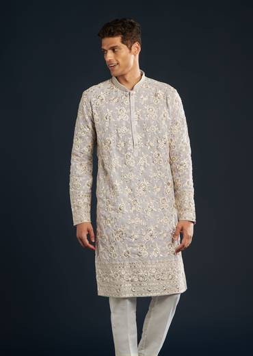 Lilac Silk Mens Kurta Set with Resham Sequin Work
