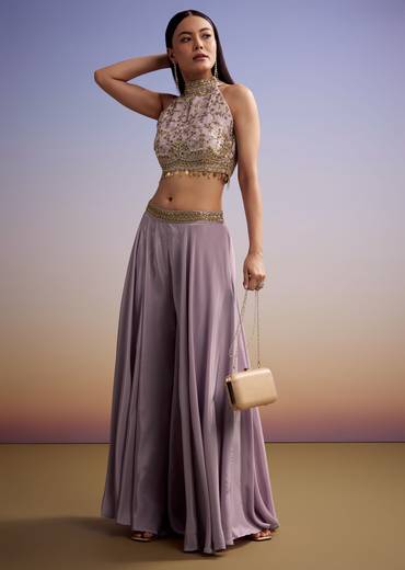 Lilac Tissue Crop Top Set With Embroidery