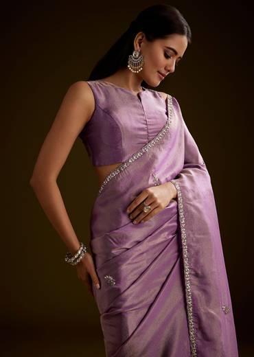 Lilac Tissue Saree With Cutdana Embroidery And Scallop Border