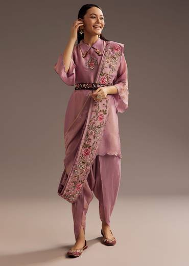 Lilac Zardosi Motif Kurta Dupatta Belt Set