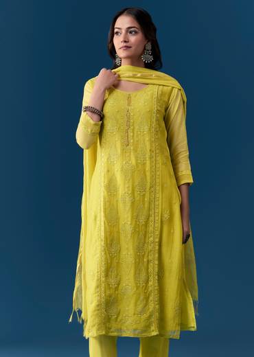 Lime Cotton Kurta Set With Thread Work
