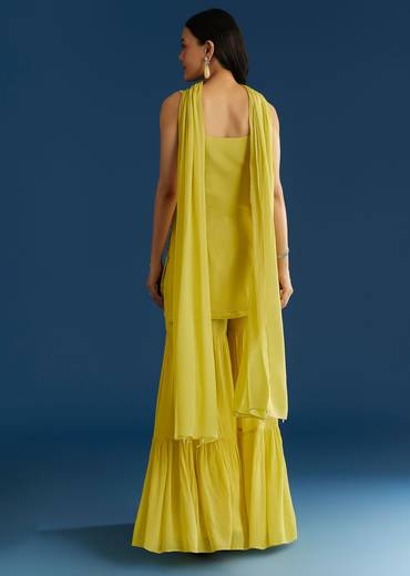 Lime Green Chinon Kurta Sharara Set With Choker Dupatta