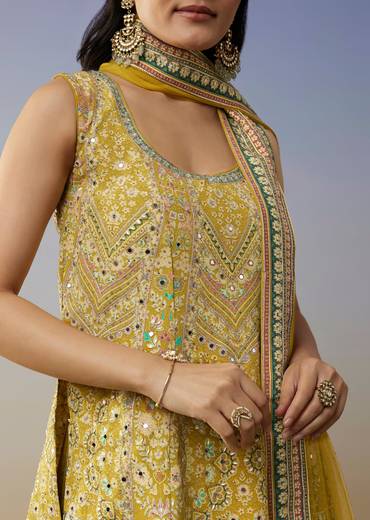 Lime Green Crepe Palazzo Suits with Indie Print Mirror Stone Gotta Lace Work