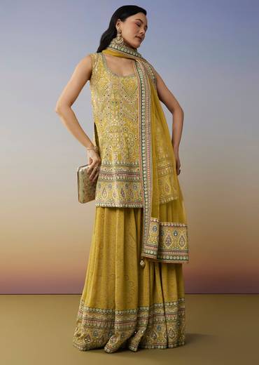 Lime Green Crepe Palazzo Suits with Indie Print Mirror Stone Gotta Lace Work