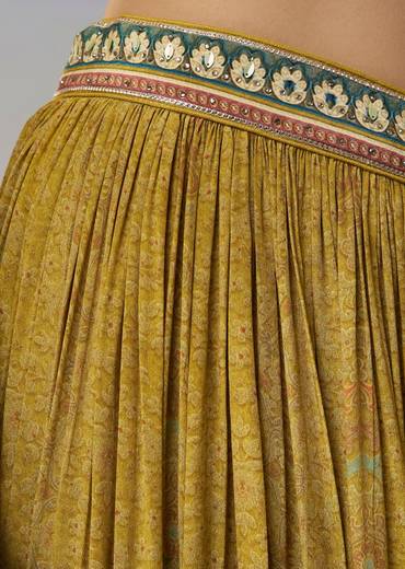 Lime Green Crepe Palazzo Suits with Indie Print Mirror Stone Gotta Lace Work