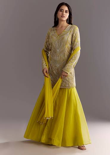 Lime Green Cutdana And Moti Work Kurta With Organza Sharara