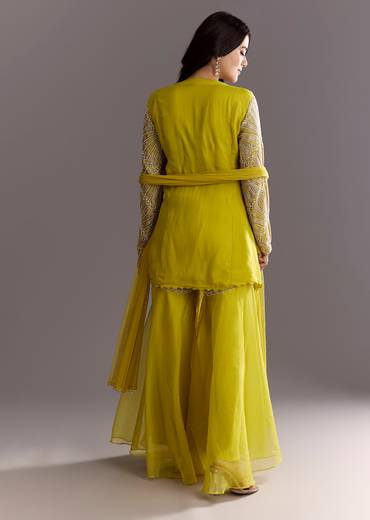Lime Green Cutdana And Moti Work Kurta With Organza Sharara