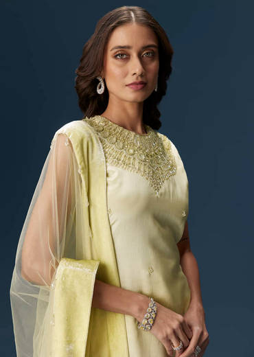 Lime Green Palazzo Suit With Embroidered Necklace