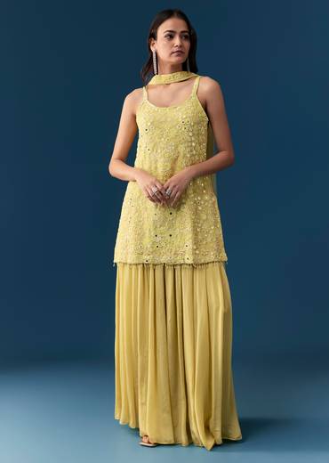 Lime Green Palazzo Suit With Mirror Sequins And Cut Dana Work