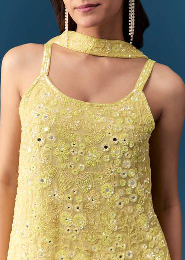 Lime Green Palazzo Suit With Mirror Sequins And Cut Dana Work