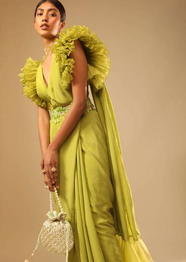 Lime Green Saree In Crepe With Elaborate Ruffle Sleeved Crop Top And Heavy Stone Embroidered Belt