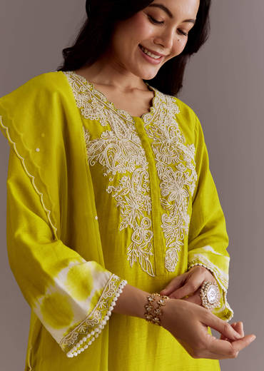Lime Green Silk Kurta Dupatta Set With Moti Work