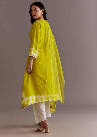 Lime Green Silk Kurta Dupatta Set With Moti Work