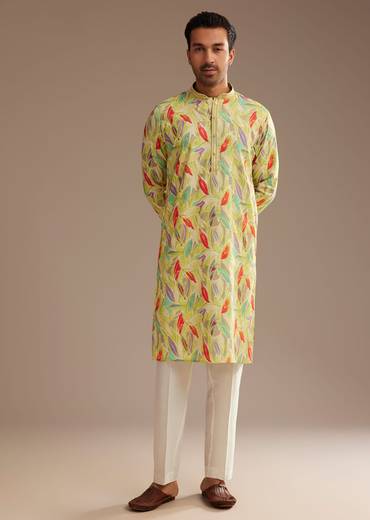 Lime Green Silk Leaf Printed Kurta Set